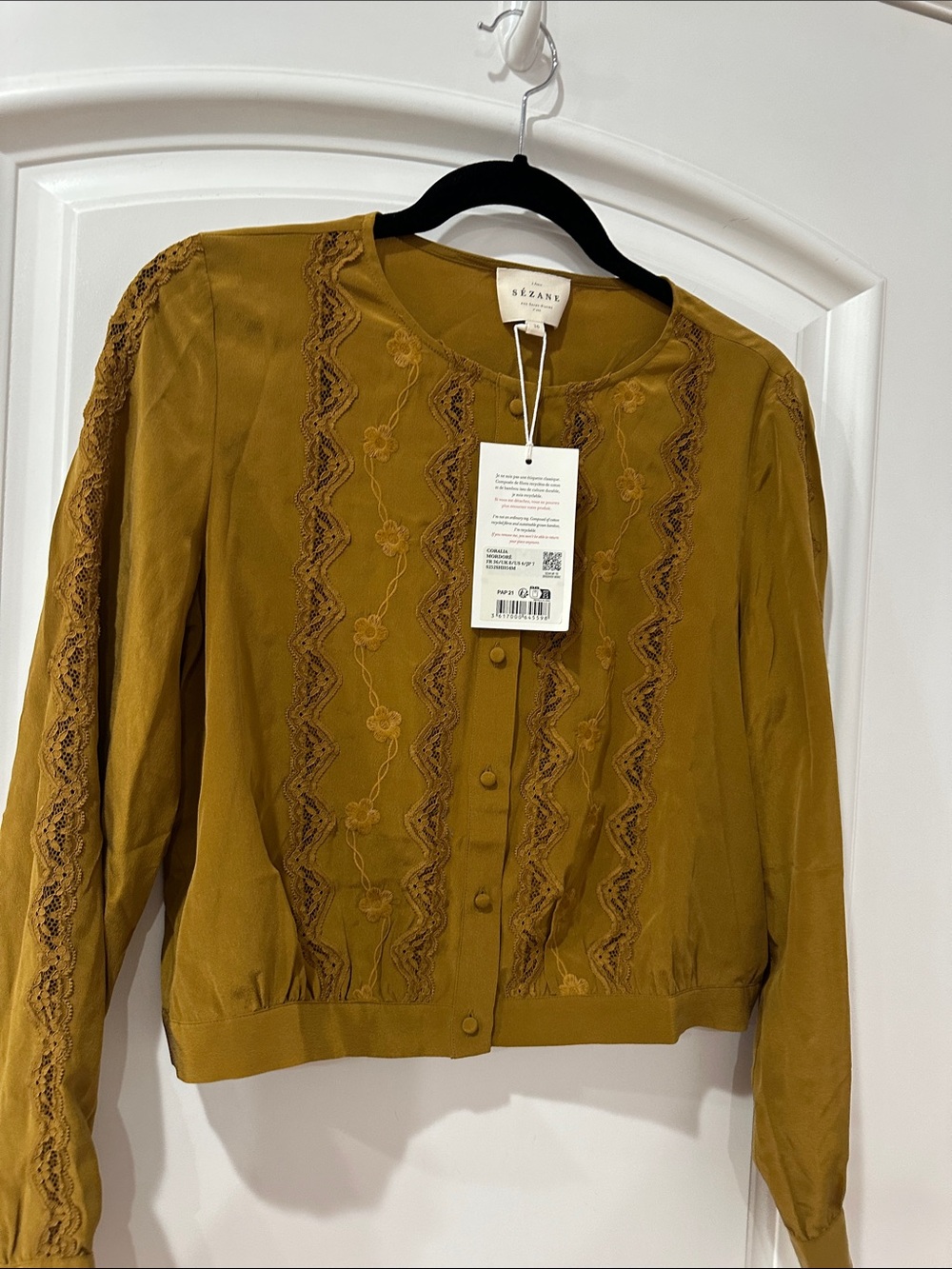 Sezane Olive-Mustard Embroidered Button shirt size 4 - Picture 9 of 16